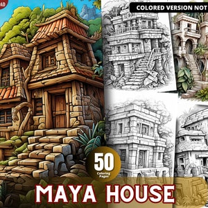 May include: A coloring book featuring a detailed illustration of a Mayan house with a thatched roof and stone walls. The book includes 50 coloring pages and is titled "MAYA HOUSE".