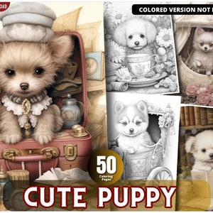 Cute Puppy Coloring Pages for Adults and for Kids  Grayscale Coloring, Printable PDF