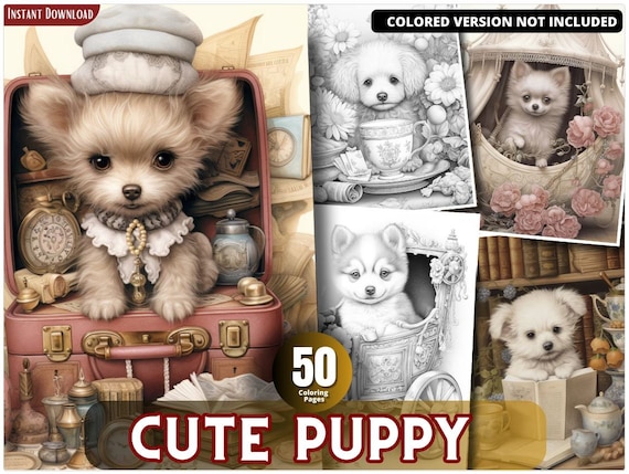 Cute Puppy Grayscale Coloring Pages for Adults & Kids (Printable PDF)