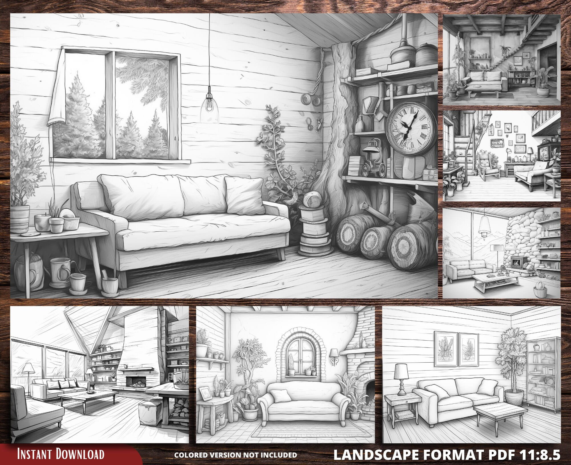 Rustic Coloring Books Rustic Interior Coloring Pages, Grayscale Relaxing Designs (printable ...