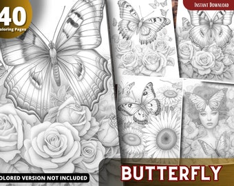 Butterfly Grayscale Coloring Book Pages, Stress Relief Art (Printable PDF)