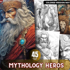 Mythology Heros Coloring Pages for Adults and for Kids Grayscale Coloring Book, Printable PDF