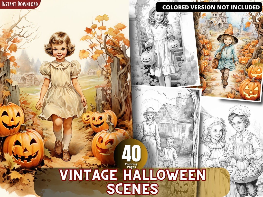 Vintage Halloween Scenes Coloring Pages for Adults and for Kids for ...