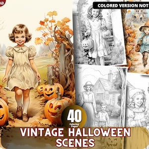 Vintage Halloween Scenes Coloring Pages for Adults and for Kids for Relax and Stress Relief, Grayscale Coloring Book, Printable PDF