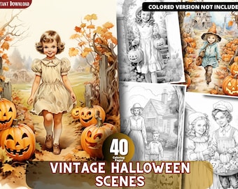Vintage Halloween Scenes Grayscale Coloring Book, Kids & Adults (Printable PDF)