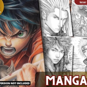 Relax with Manga Coloring Book for Adults and for Kids  Grayscale Coloring, Printable PDF