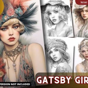 Kolorowanki Gatsby Girls - Kolorowanki dla dorosłych i dzieci, Natychmiastowe pobieranie, Kolorowanka w odcieniach szarości, Plik PDF do wydrukowania