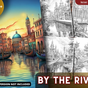 By the River Coloring Pages for Adults and for Kids for Relax and Stress Relief, Grayscale Coloring Book, Printable PDF
