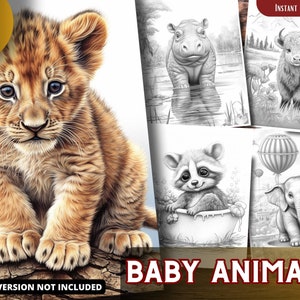Baby Animals Coloring Pages for Adults and for Kids, Grayscale Coloring Book, Printable PDF