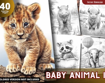 Baby Animals Grayscale Coloring Book, Printable PDF