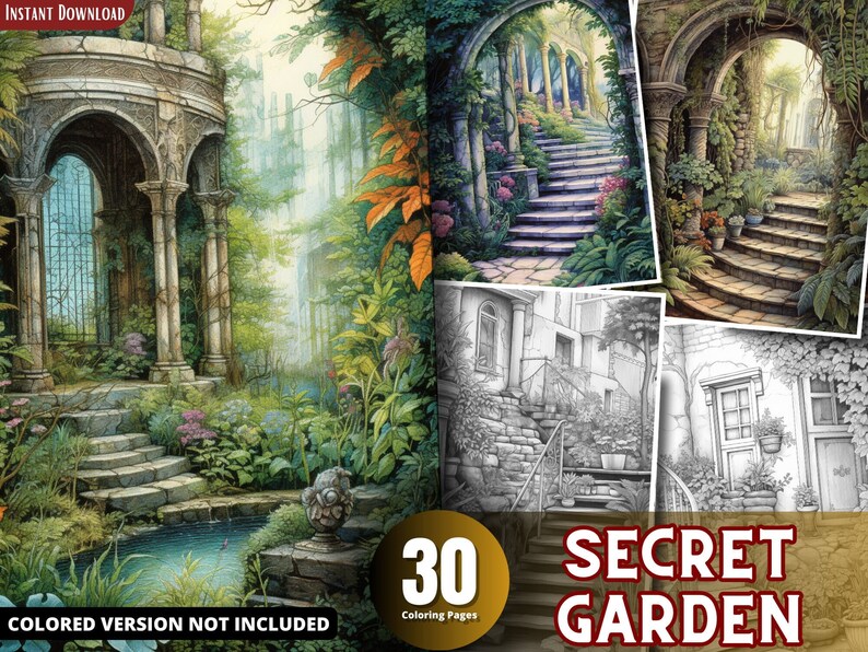 Secret Garden Coloring Pages for Adults and for Kids, Grayscale ...