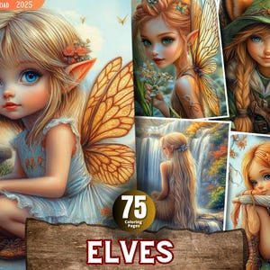 Könnte beinhalten: Ein digitaler Kunstdruck mit mehreren Bildern von Elfen mit blonden und roten Haaren, Schmetterlingsflügeln und spitzen Ohren. Die Bilder sind im Fantasy-Stil gehalten, mit einem Holzschild mit der Aufschrift "ELVES" und "75 Coloring Pages".
