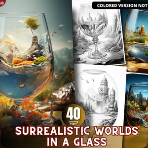Surrealistic Worlds in a Glass Coloring Pages for Adults and for Kids Grayscale Coloring, Printable PDF