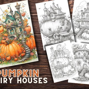 Pumpkin Fairy Houses Coloring Pages for Adults and for Kids for Relax and Stress Relief, Grayscale Coloring Book, Printable PDF