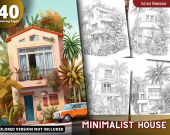 May include: A set of 40 coloring pages featuring minimalist houses with lush greenery. The pages are designed for adults and feature intricate details of the houses and surrounding foliage. The image shows a sample coloring page with a house with a balcony and a car parked in front.