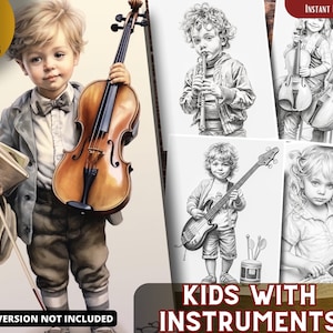 Kids coloring pages, Instrument Players coloring Book for Adults and for Kids  Grayscale Coloring, Printable PDF