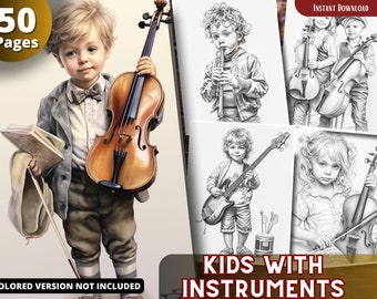 Kids coloring pages, Instrument Players coloring Book for Adults and for Kids  Grayscale Coloring, Printable PDF