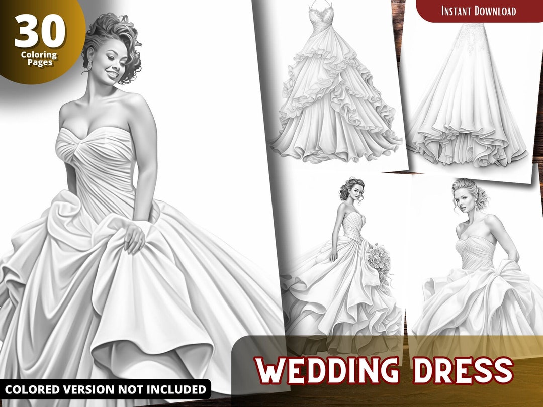 Wedding Dress Coloring Pages for Adults and for Kids Grayscale Coloring ...