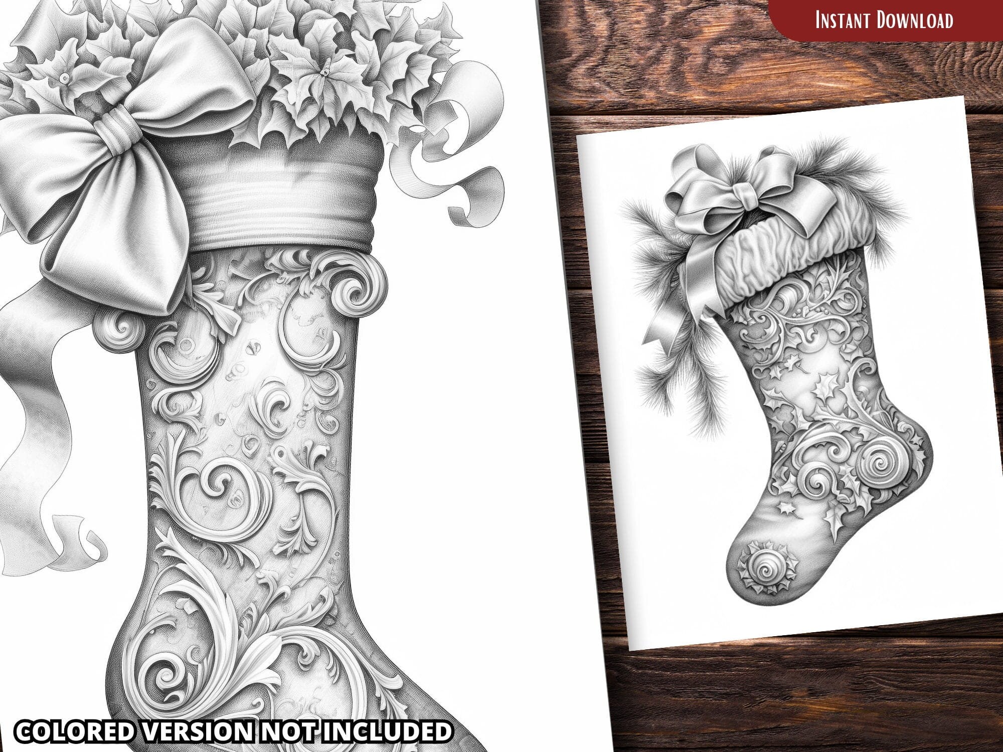 Christmas Stocking Grayscale Coloring Book, Printable PDF (for Adults ...