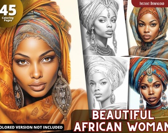May include: A colouring book featuring 45 pages of illustrations of African women with intricate head wraps and jewellery. The cover shows a woman with a golden head wrap and large earrings. The text "BEAUTIFUL AFRICAN WOMAN" is printed on the cover.