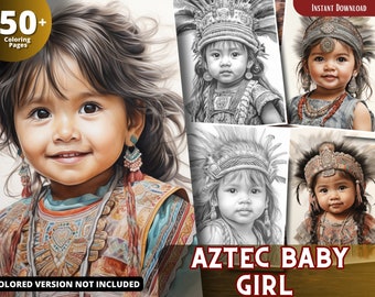 Aztec Baby Girl Grayscale Coloring Pages for Adults and Kids (Printable PDF)