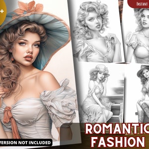 Kolorowanki Romantyczna Moda - Kolorowanki Dla Dorosłych Dzieci, Natychmiastowe Pobieranie, Kolorowanka W Skali Szarości, Plik PDF Do Wydruku