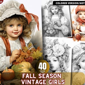 Fall Season Vintage Girls Coloring Pages for Adults and for Kids Grayscale Coloring, Printable PDF