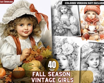 Fall Vintage Girls Grayscale Coloring Pages for Adults and Kids (Printable PDF)