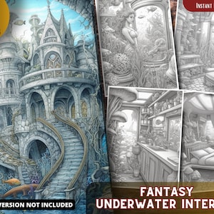 Fantasy Undewater House Interior Coloring Pages for Adults and for Kids Grayscale Coloring Book, Printable PDF