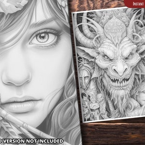 May include: A black and white printable coloring page featuring a detailed illustration of a fierce, horned creature with a menacing expression. The creature is surrounded by other smaller figures, including a sleeping child.