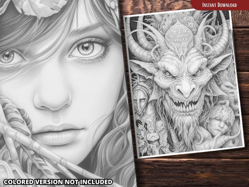 May include: A black and white printable coloring page featuring a detailed illustration of a fierce, horned creature with a menacing expression. The creature is surrounded by other smaller figures, including a sleeping child.