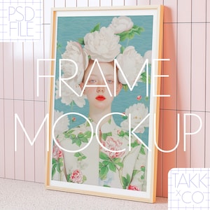 Mockup for Art A4 Vertical Frame Photoshop Template Realistic Digital Interior Scene PSD Wood Frame High-Quality Art Print Showcase Design