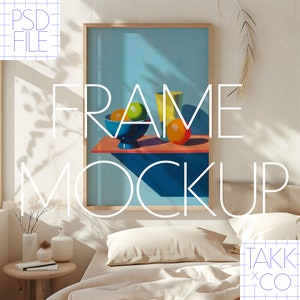 Frame Mockup in Bedroom, Art Print Mockup Boho Style, Detail Mockup Thin Wood Frame, Template PSD Mockup Design, Vertical Mockup Interior