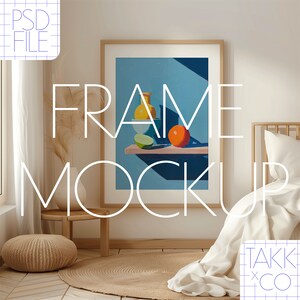 Frame Mockup in Bedroom Art Print Mockup Interior Boho Style Detail Mockup Wood Frame Template PSD Wall Art Design Vertical Mockup Artwork