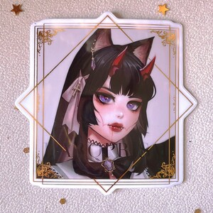 May include: A sticker featuring a stylized anime-style portrait of a character with black hair, red horns, and cat ears. The character has purple eyes and is framed by a gold and white geometric border. The sticker has the letters "OPR" in the image.