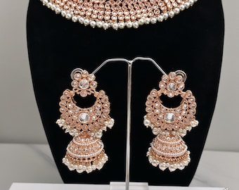 Conjunto de gargantilla Polki de alta calidad de oro rosa / joyería india / gargantilla / joyería nupcial / joyería Polki