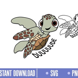 Könnte beinhalten: Cartoon-Illustration einer lächelnden Meeresschildkröte mit dem Wort "DUUUUDE" in schwarzem Text. Die Schildkröte hat einen hellgrünen Körper mit braunen Flecken und einen braunen Panzer. Eine schwarz-weiße Umrisszeichnung der Schildkröte ist ebenfalls vorhanden.