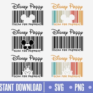Puede incluir: Diseños digitales con "Disney Poppy" sobre gráficos de código de barras. Algunos diseños incluyen siluetas de Mickey Mouse, gafas de sol y un castillo. Se incluye el texto "SCAN FOR PAYMENT". La parte inferior de la imagen dice "INSTANT DOWNLOAD" y enumera los tipos de archivo.