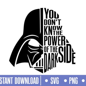 Puede incluir: Silueta en blanco y negro de la cabeza de Darth Vader con el texto "You don't know the power of the dark side" dentro de la silueta.