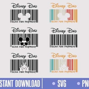 May include: Five different designs of a black and white barcode with the text "Disney Dad" and "Scan for Payment" underneath. The barcodes feature different Mickey Mouse designs.