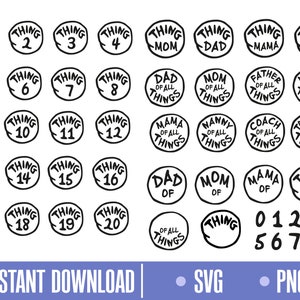 Puede incluir: Ilustraciones en blanco y negro de círculos con el texto "Thing" y los números del 1 al 20, "Thing Mom", "Thing Dad", "Thing Mama", "Thing Coach", "Dad of All Things", "Mom of All Things", "Father of All Things", "Mother of All Things", "Mama of All Things", "Nanny of All Things", "Coach of All Things", "Teacher of All Things", "Dad of", "Mom of", "Mama of", "Thing", y los números del 0 al 9.