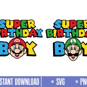 May include: Super Birthday Boy design featuring a green and red cartoon character with a moustache and a hat. The text is in a colourful block font.