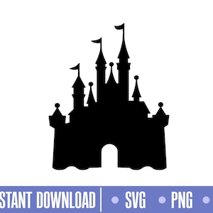 Puede incluir: Silueta negra de un castillo con múltiples torres y agujas. El castillo es un icono popular y a menudo se asocia con cuentos de hadas y sueños.