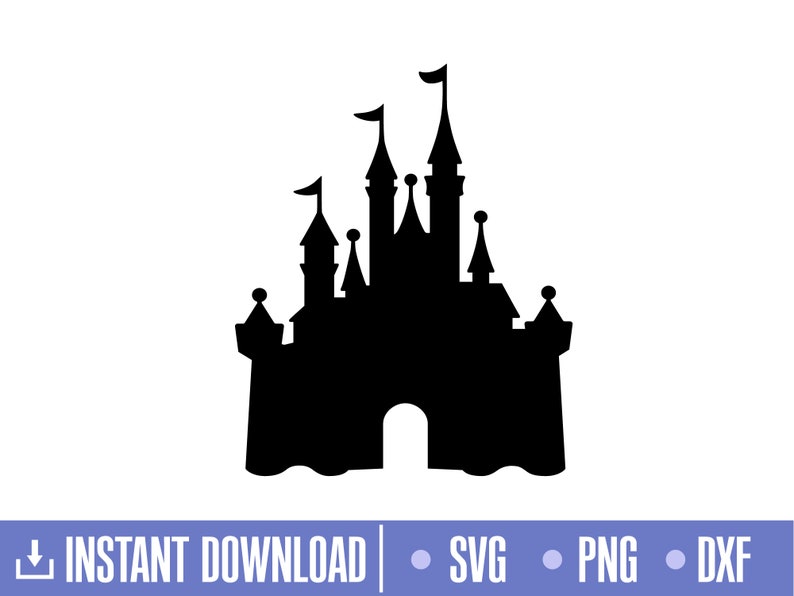 May include: Black silhouette of a castle with multiple towers and spires. The castle is a popular icon and is often associated with fairy tales and dreams.