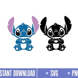 Puede incluir: Dos diseños de personajes de dibujos animados. Uno es azul con orejas moradas, el otro es negro. Ambos personajes sostienen una forma de corazón con sus manos. La imagen incluye el texto "INSTANT DOWNLOAD", "SVG" y "PNG".