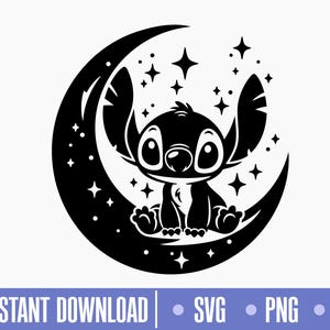 Pode incluir: Gráfico em preto e branco de Stitch de Lilo & Stitch sentado em uma lua crescente, rodeado por estrelas. A imagem inclui o texto "INSTANT DOWNLOAD" e opções de tipo de arquivo: SVG, PNG e DXF.