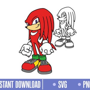 Può includere: Un'illustrazione colorata di Knuckles the Echidna, un personaggio di echidna rosso, con una versione a contorno bianco del personaggio dietro di lui. Il personaggio indossa scarpe rosse con dettagli gialli e verdi. L'immagine include il testo "INSTANT DOWNLOAD", "SVG" e "PNG".