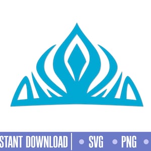 Puede incluir: Un diseño de tiara azul claro con una forma de diamante central y detalles curvos. La imagen incluye el texto "INSTANT DOWNLOAD" y opciones de tipo de archivo: SVG, PNG y DXF.