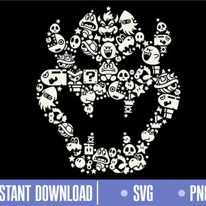 Puede incluir: Gráfico negro con un contorno blanco de la cabeza de un personaje, compuesto por varios personajes de videojuegos. El diseño incluye el texto "INSTANT DOWNLOAD", "SVG" y "PNG".