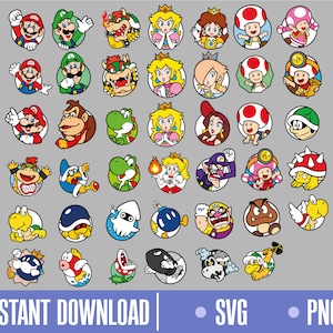 Puede incluir: Un conjunto de 36 iconos de personajes de dibujos animados coloridos con personajes de la franquicia de videojuegos Super Mario Bros. Los iconos incluyen a Mario, Luigi, Peach, Bowser, Toad, Yoshi y más. Los iconos tienen forma circular y un fondo blanco.